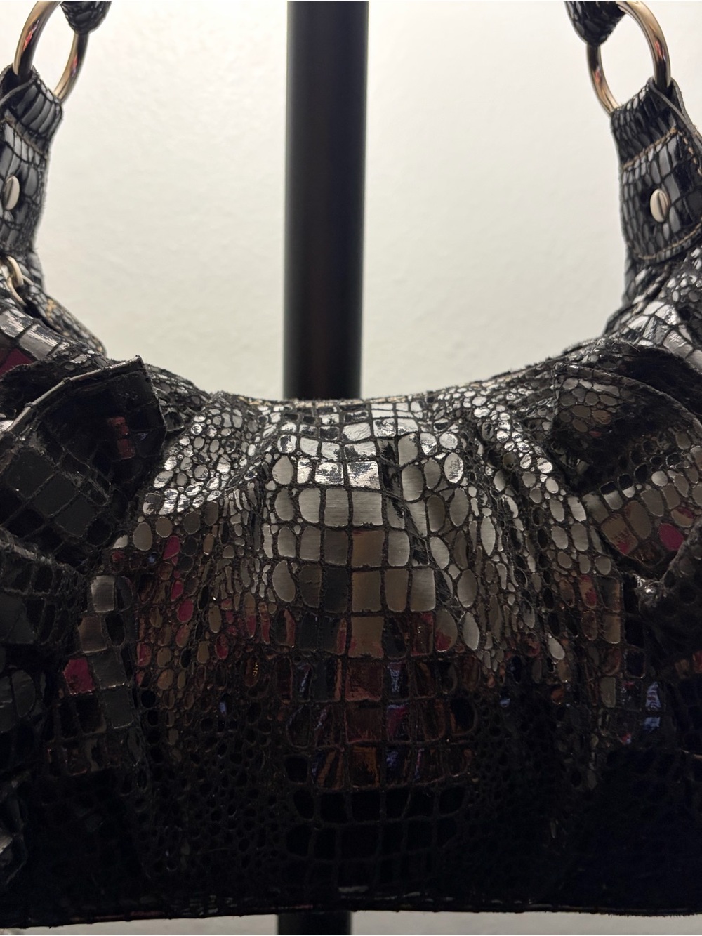 Black Croc-Embossed Shoulder Hobo with Gold Ring Hardware